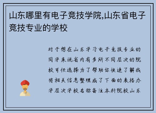 山东哪里有电子竞技学院,山东省电子竞技专业的学校